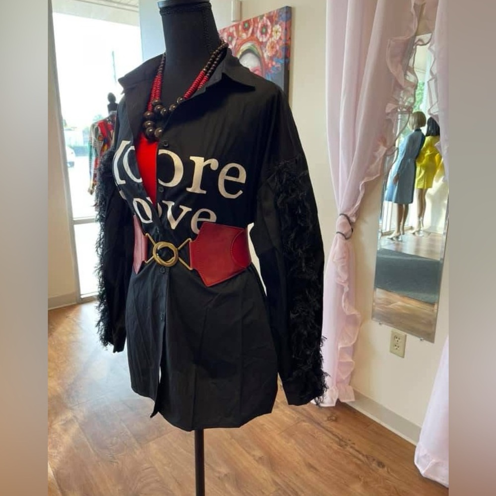 Black Shirt with Red Belt and Love Print